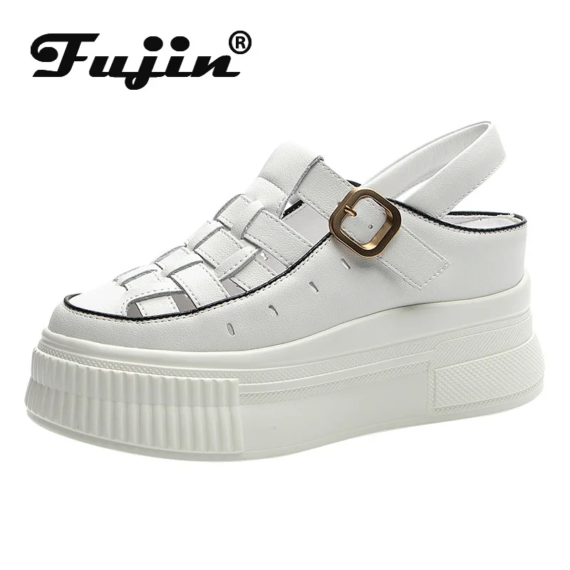 Fujin 8.8cm Platform Wedge Buckle Weave Sandals Ladies Shoes Women Moccasins Summer Retro British Natural Cow Genuine Leather