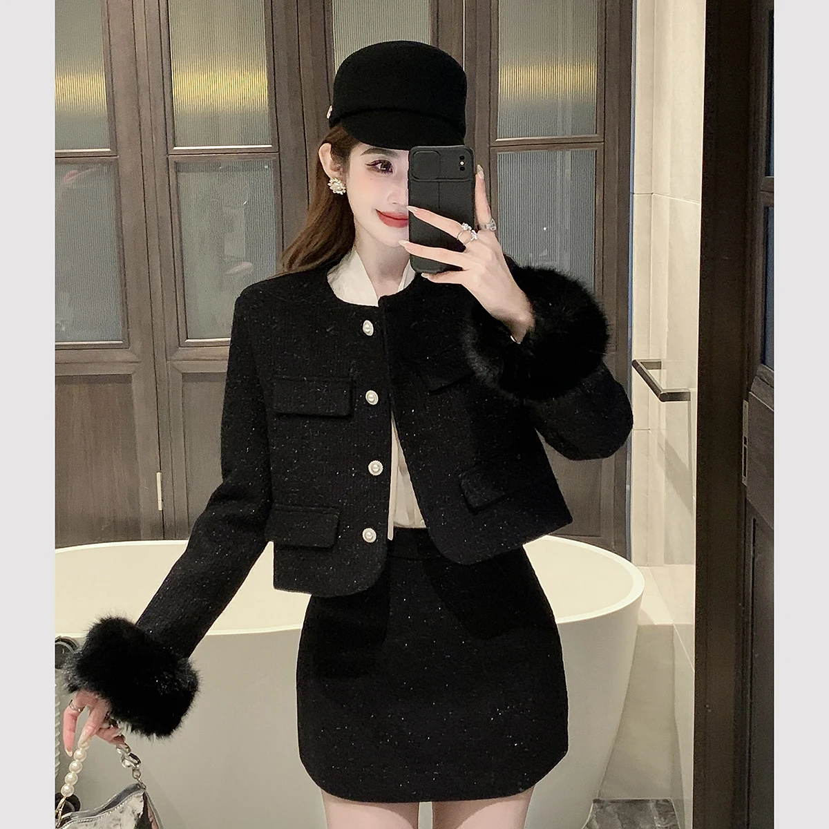 

Winter Clothes New Socialite Detachable Fur Thick Wool Coat Slim High Waist Short Skirt Set White Two Piece Sets Women Outfits