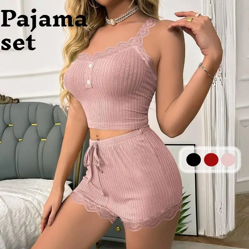 Women's 2 Piece Solid Rib Short Home Suit Lace Trim Sexy Slim Camisole Shorts 2PCS Suit Trendy Sleepwear Pajamas