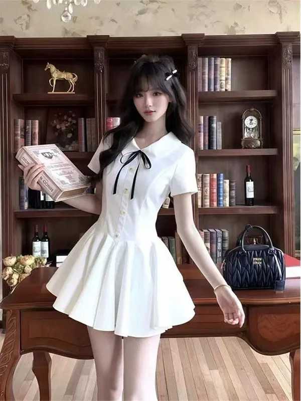 

College Style Sweet Summer Princess Puffy Dress with Bowknot Waist Shaping Short Skirt Korean Fashion Casual Date Outfit