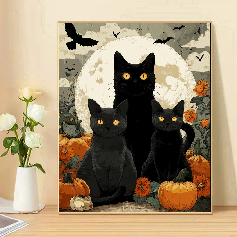 Painting by Numbers For Adult Cats and bats under the moonlight Dropshipping Canvas Oil Paint by Number Home Decor