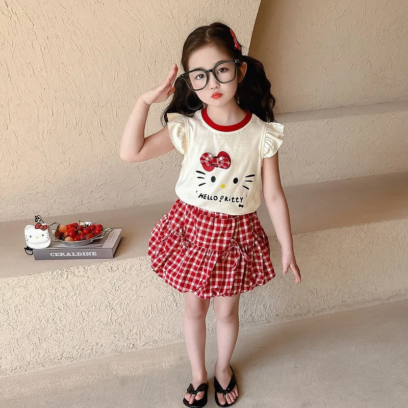 Sweet 2025 Hello Kitty Anime Kawaii Sanrio Short Sleeve Shirt Skirt Clothes Cute New Summer Children Kt Cat Clothes Set Gifts