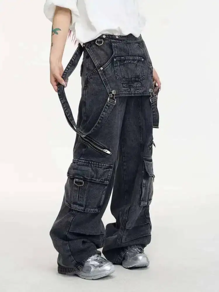 HKSH Men Tide Niche Functional Denim Pants Vintage Stylish Shoulder Strap Design Jeans Patchwork Casual Trendy Overalls HK4042