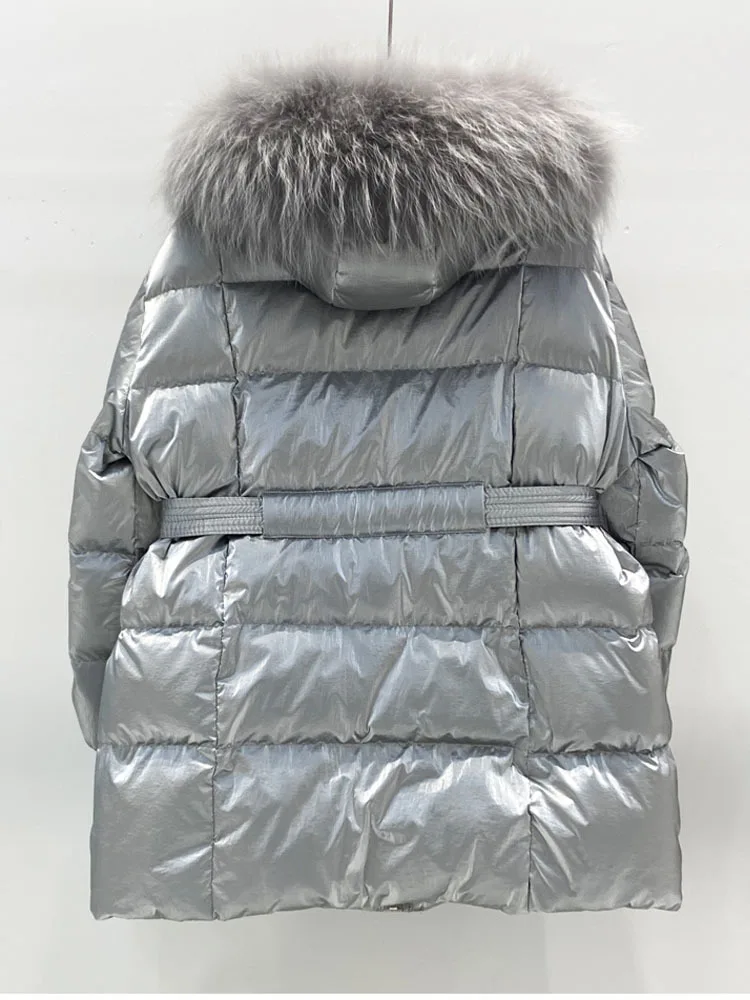 New Winter Women Sequined White Duck Down Coat Real Raccoon Fur Collar Female Bright Short Puffer Jackets Thickened Outwear 2023