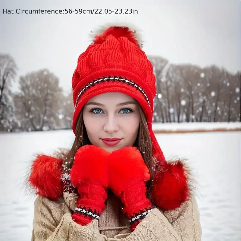 1/2pcs Warmth Bundle-Gloves Beanie Set-Coldproof Ear Flap Hat, Thick Knit Hats,Beanies,Trendy Knitted Fingerless Gloves Women