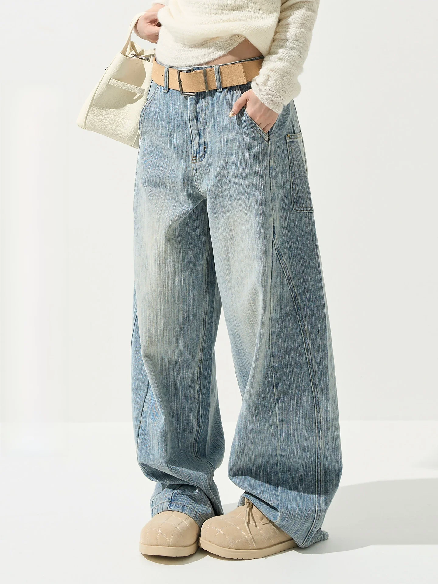 

Wutong High Waist Wide Leg Straight Cut Jeans Women's Loose Casual Autumn Winter Long Trousers Vintage Washed Blue Denim