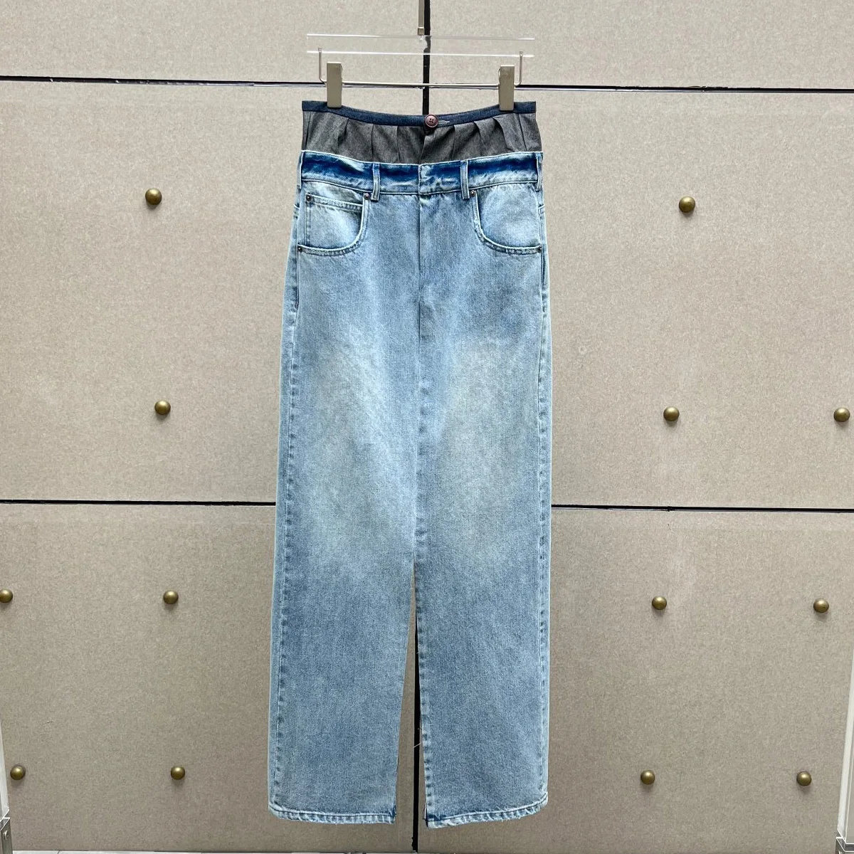 High Quality Women Faux Two‑Piece Denim Midi Skirt Elastic Pleated Waist Back Split Washed Long Jean Skirt