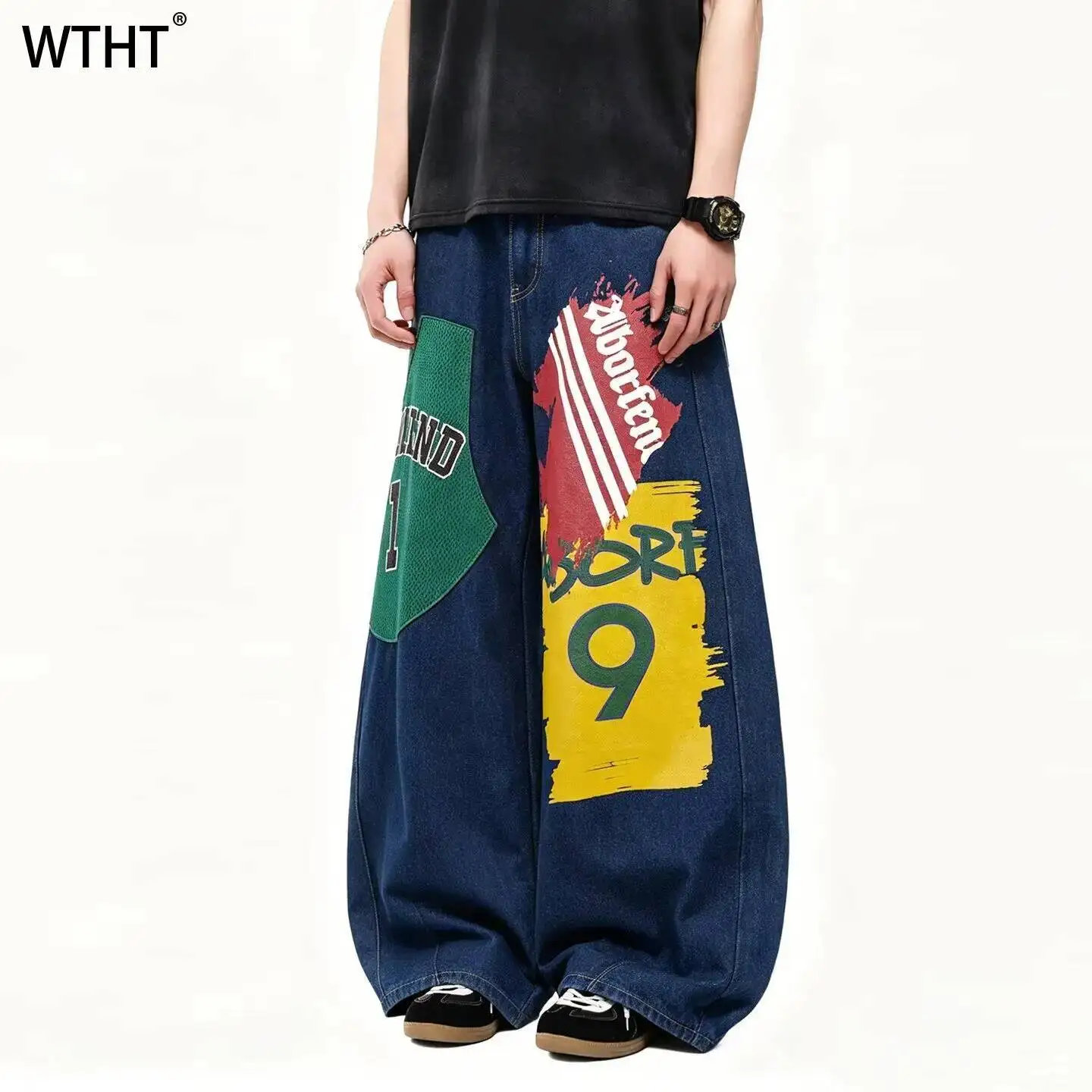 

WTHT Fashion Men's Letter Print Spliced Contrast Color Denim Pants Vintage High-waisted Wide Leg Jeans Male 2026 Summer 2A3229