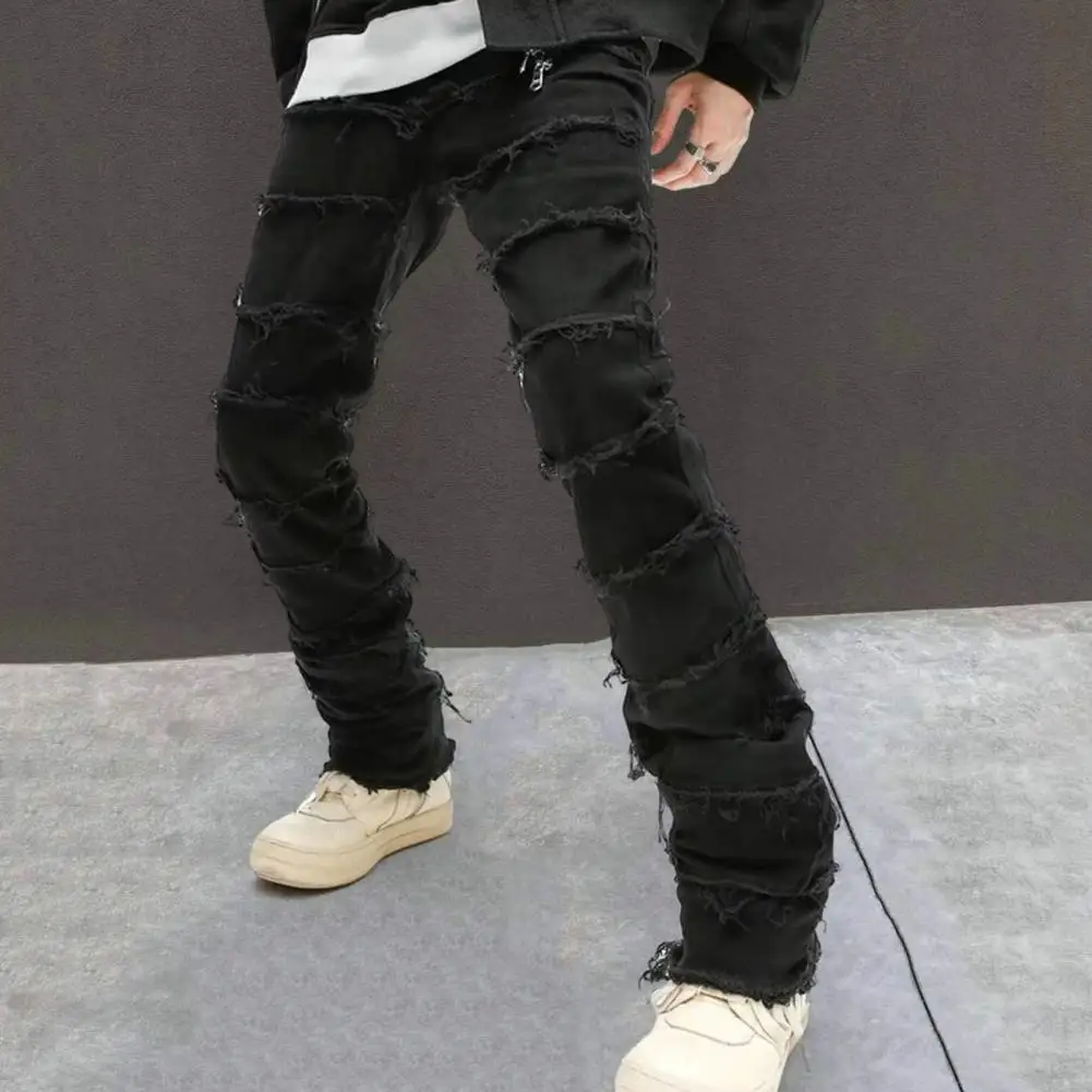 Men Black Jeans Burr Edge Detail Black Trousers Hip Hop Streetwear Men's Slim Fit Ripped Denim Pants with Burr Edge Solid Color