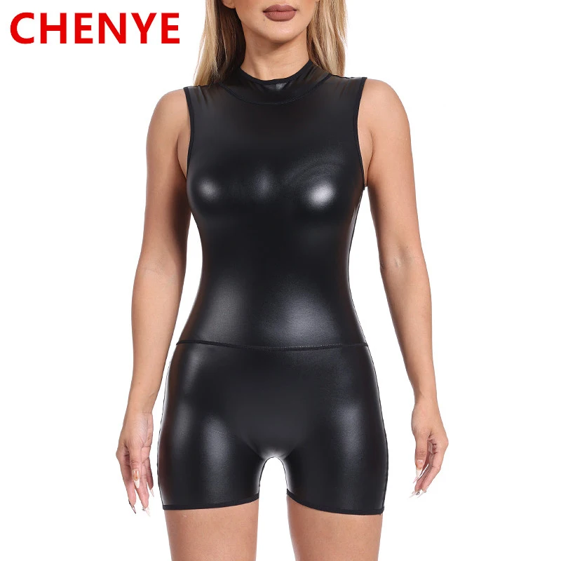 Women\'s Back Zipper Sleeveless Mock Neck Bodysuit Pu Leather Short Romper Women Faux Leather Bodysuit Jumpsuits One Piece Shaper