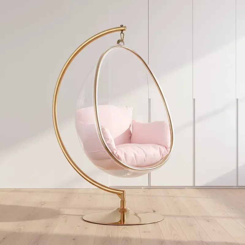 Clear Acrylic Bubble Swing Chair Golden Stainless Steel Stand Gold Silver Hanging Egg Design Waterproof Outdoor Furniture