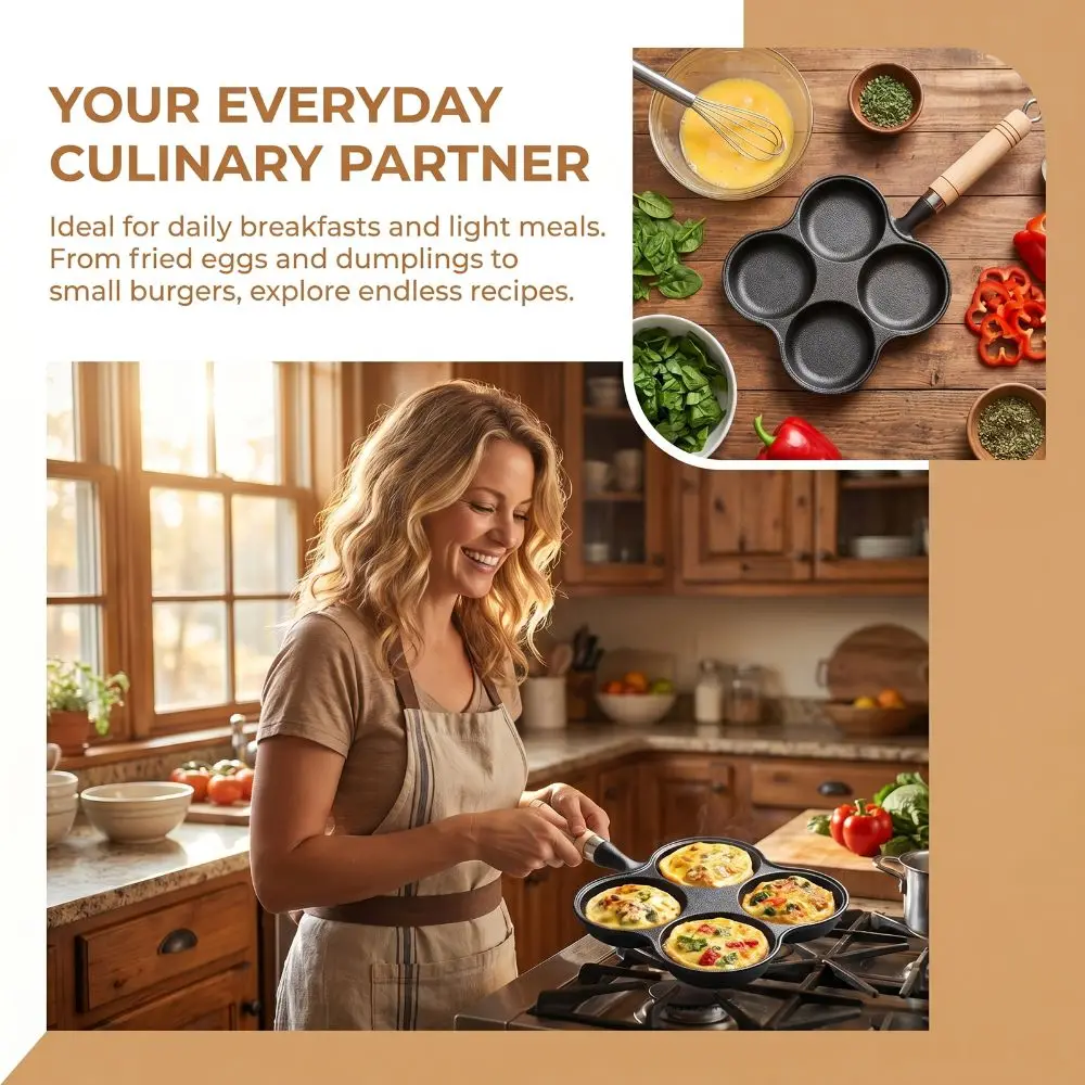 

4 Cup Egg Pan Cast Iron Non-Stick Pancake Pan Heavy Duty Multifunctional Breakfast Skillet Gas Stove/Induction Cooker