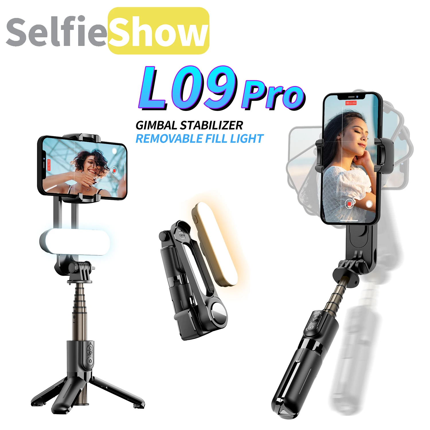 Selfieshow L09Pro Removable Fill Light Handheld Gimbal Stabilizer Anti Shake Bluetooth Tripod Selfie Stick For IPhone/Xiaomi