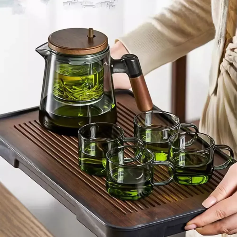 クリエイティブな茶水分離ガラスティーポット-650ml-耐熱ティーポット-インフューザー付き-木製ハンドル-茶水分離機能付き