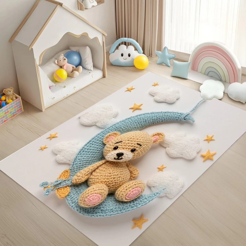 Handcrafted Bear Swing Pattern Carpet Mat Rug Cute Animal Design Non-Slip Home Decoration for Living Room Bedroom Bedroom Mat