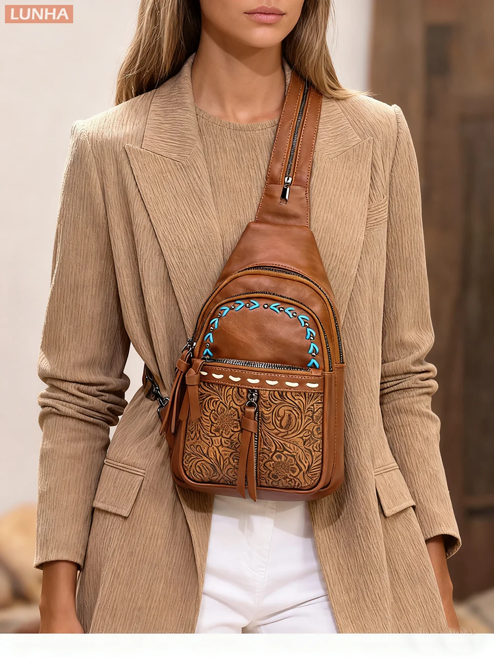 حقيبة ظهر نسائية 2 في 1 على الصدر من جلد البولي يوريثان، نمط منقوش عتيق، متعددة الأقسام، حقيبة نهارية خفيفة الوزن