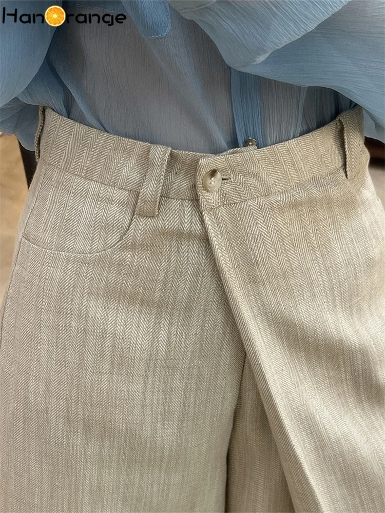 HanOrange 2024 Pantaloni corti estivi al ginocchio per donna Pantaloni larghi in lino di cotone Pantaloncini larghi a vita alta Casual femminile