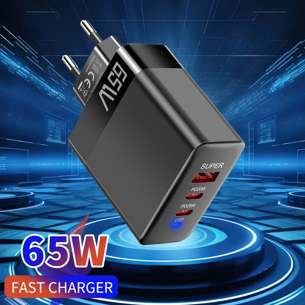 Total 65W USB C Charger 3Ports Fast Charging TypeC PD Quick Charge 3.0 Phone Power Wall Adapter For IPhone Xiaomi Huawei Samsung
