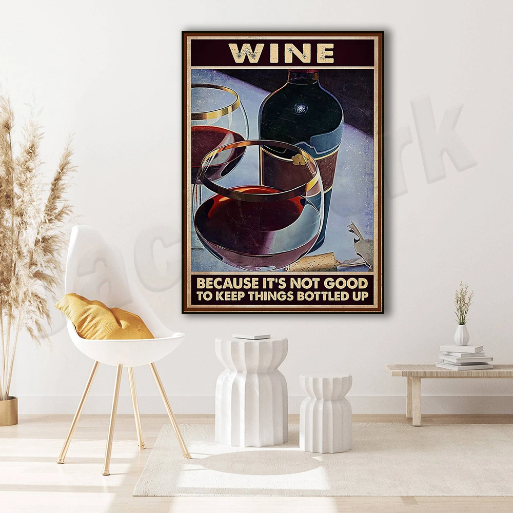 Wine Because It Good To Keep Things Bottled Up Poster or Canvas, Funny Drinking Quotes Printable, Wine Decor, Wine Wall Art