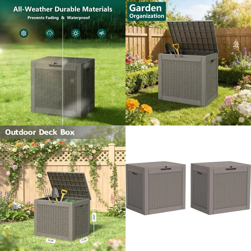 

Набор из 2 всепогодных уличных ящиков для хранения для террасы, садового инвентаря, подушек, для зоны у бассейна и для небольших посылок - серый ротанг
