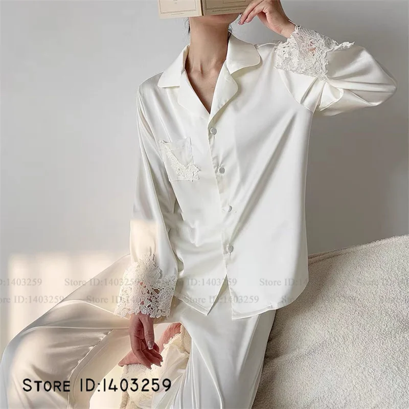 Elegant White Lace Pajamas 2Pcs Set Silky Satin Women's Sleepwear Long Sleeve Trouser Pijamas Suit Spring Autumn New Homewear