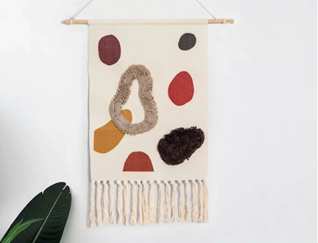 Nordic Abstract Geometric Cotton Linen Tapestry Hand Woven Tufted Wall Hanging with Tassels, Home Wall Art Decor.