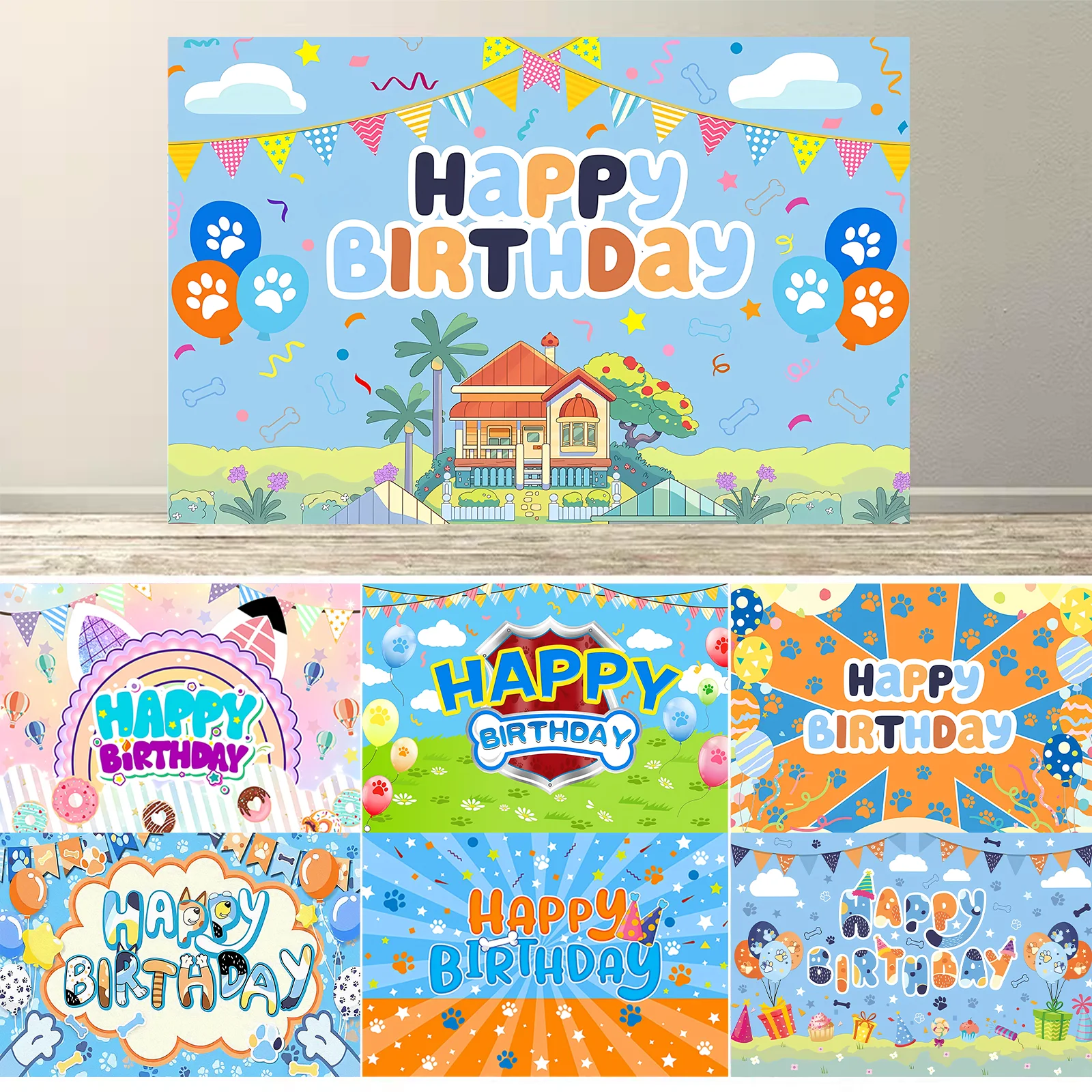 Blue Dog Theme Backdrop Cartoon Photography Background Kids Boys Girls Birthday Party Decorations Photo Booth Banner Props