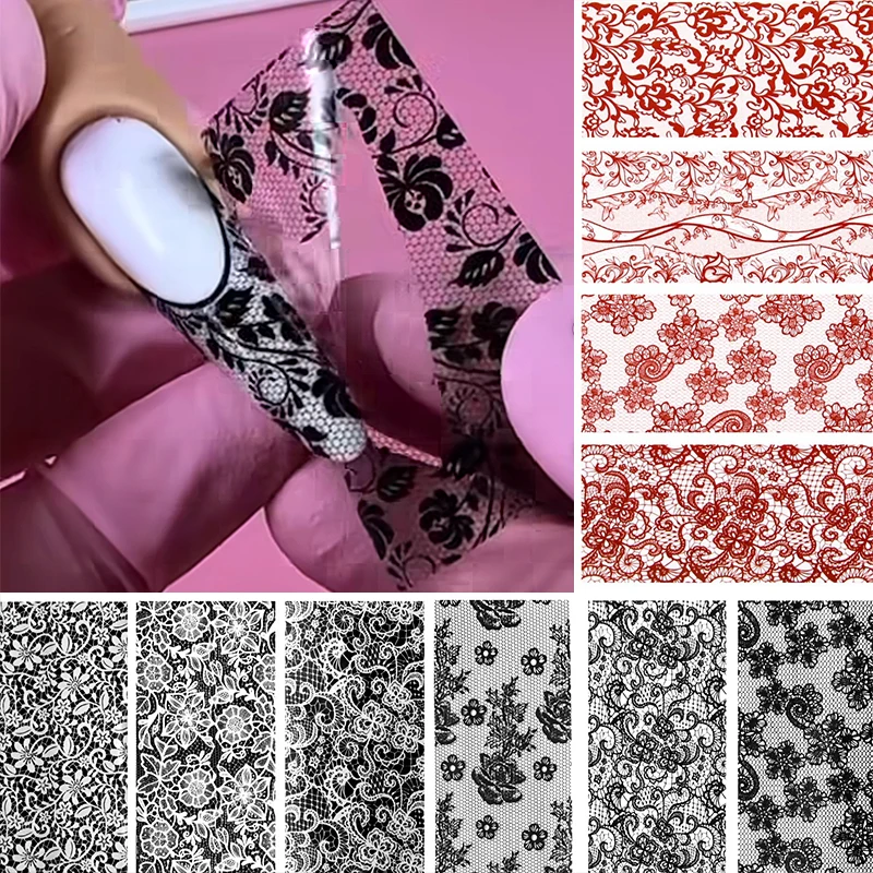 Elegant Black White Red Lace Flower Nail Transfer Foils Fantasy Floral Starry Sky Sticker DIY Manicure Tools