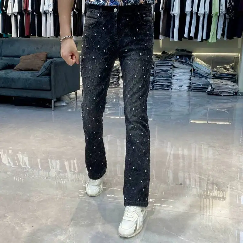 New Men's Fashion Black Rivets Jeans Streetwear Vaqueros Hombre 2026 Motorcycle Jeans Versatile Trendy Ripped Jeans For Men