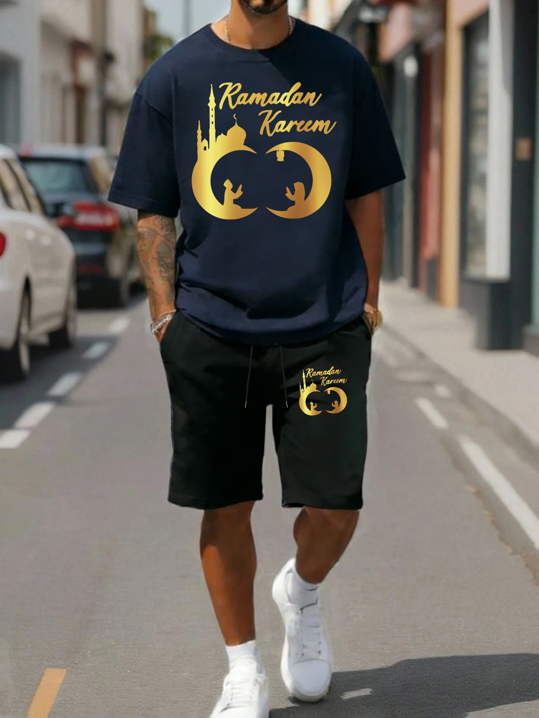 

Ramadan Mubarak Art Moon T Shirt Suit Men Summer Casual Cotton Clothes Fashion Drawstring Pants Unisex O-Neck Loose Top Set