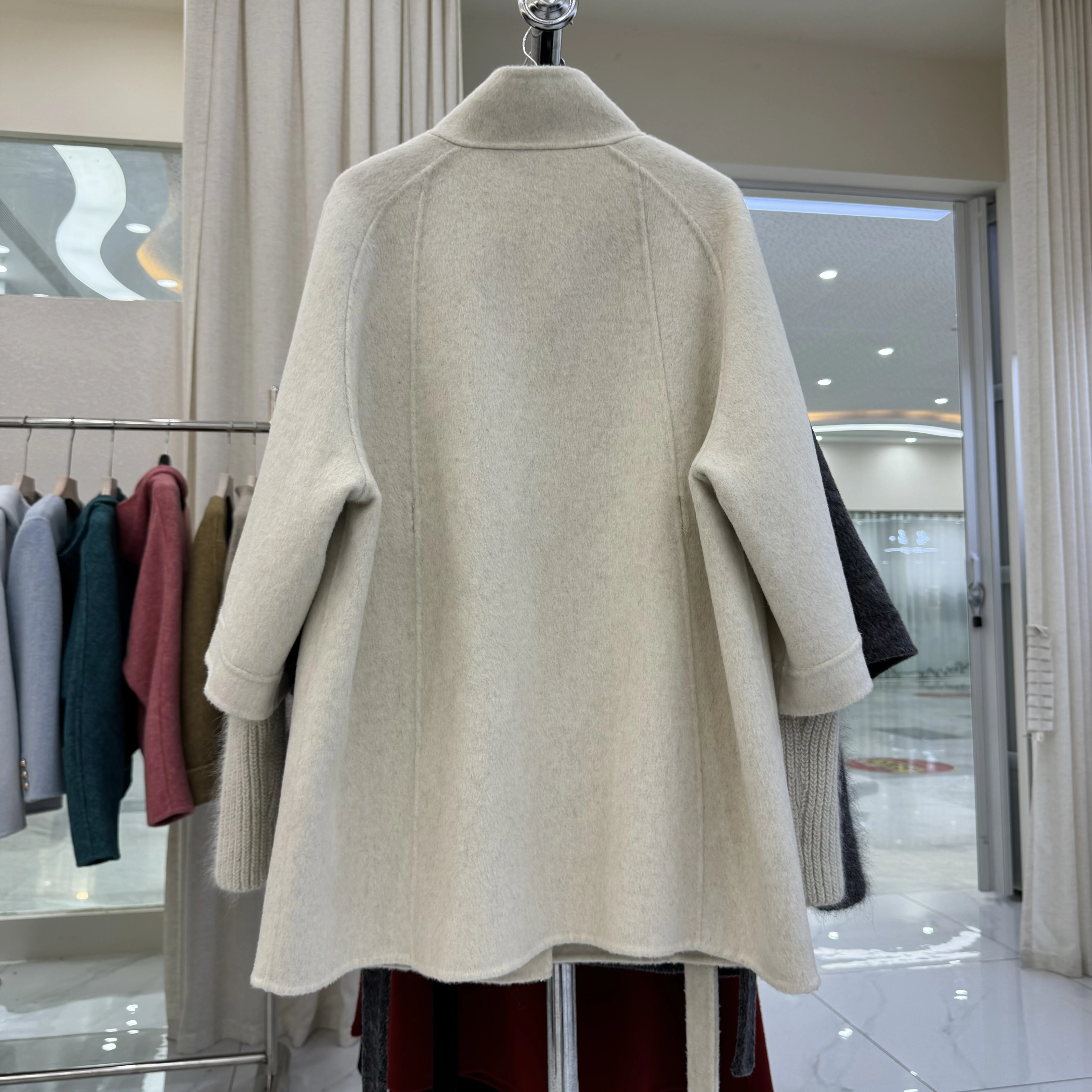 Women 2026 New Luxury Korean Stand Collar Cape Double Faced Wool Coat Mid Length Relaxed Belted Woolen Outerwear Autumn Winter