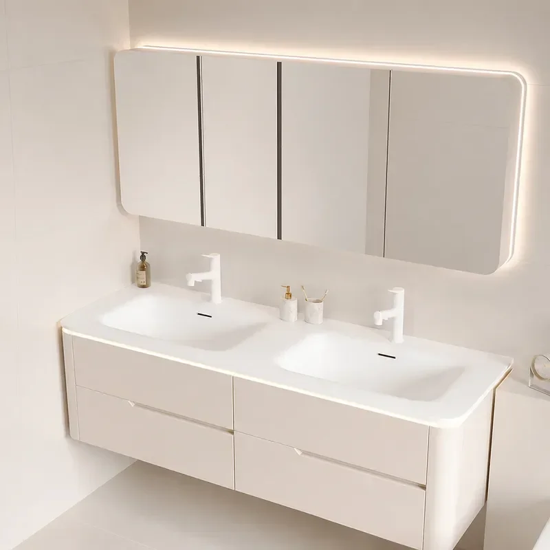 Corian Integrated Double Basin Bathroom Cabinet with Smart Mirror Oak Wood Vanity Arc Edge Hand Wash Basin Modern Bathroom