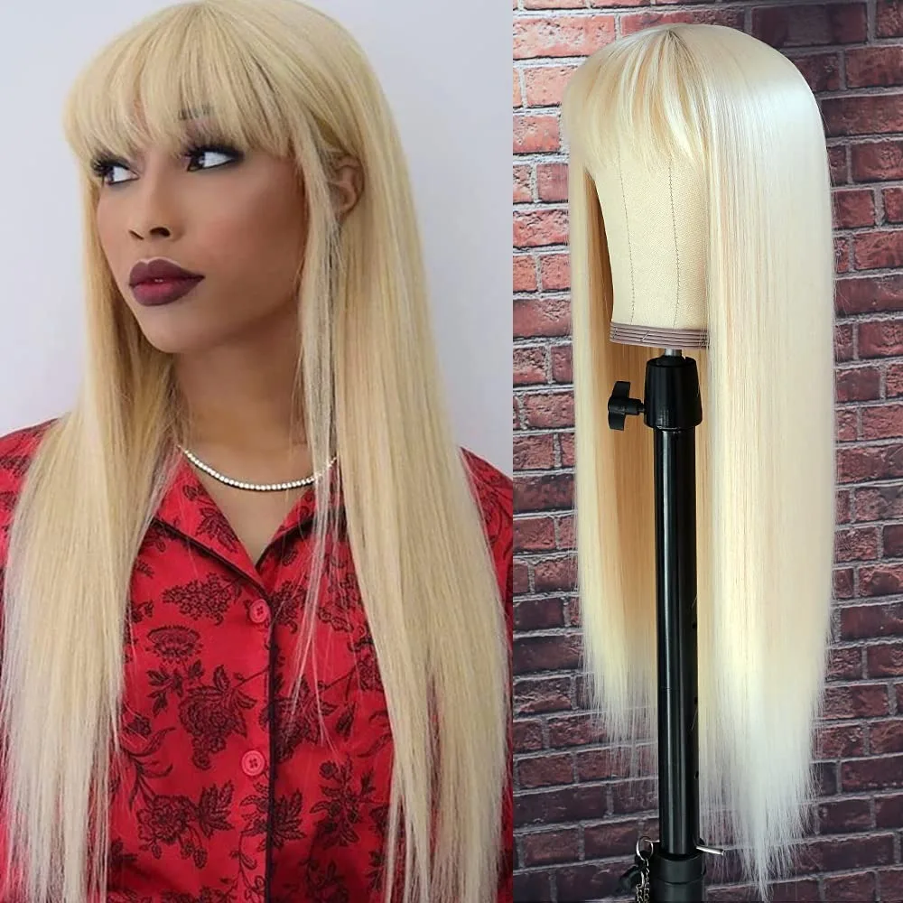 

613 Blonde Bone Straight Lace Front Wig With Bangs Pre Plucked 13x4 HD Glueless Synthetic Heat Resistant Fiber Cosplay Daily