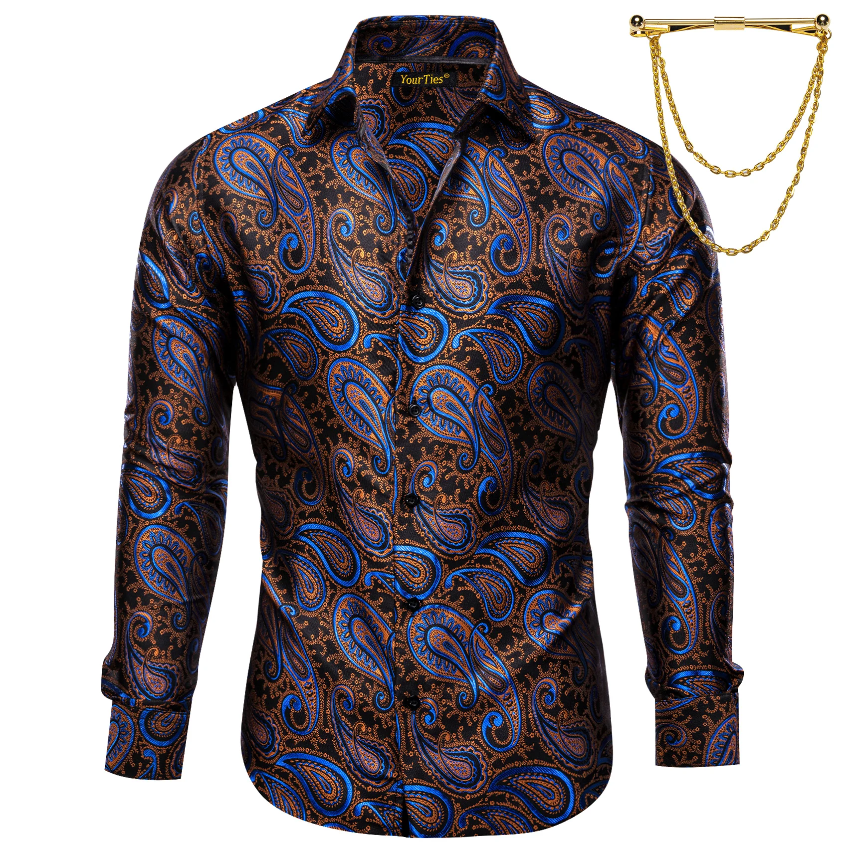 Trendy Men's Patterned Dress Shirt, Long Sleeve Button Front with Gold Chain Detail, Perfect for Party, Stage & Nightlife Events