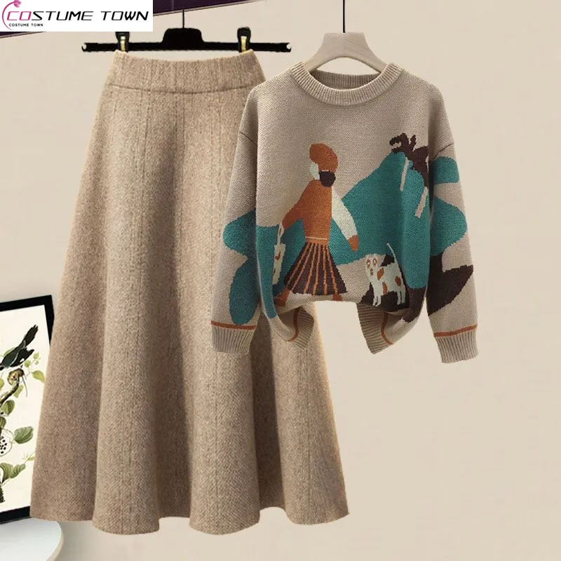 Autumn and Winter Set Women's 2023 New Lazy Style Wear Fashion Knitted Sweater Women's Slim Half Skirt Two Piece Set