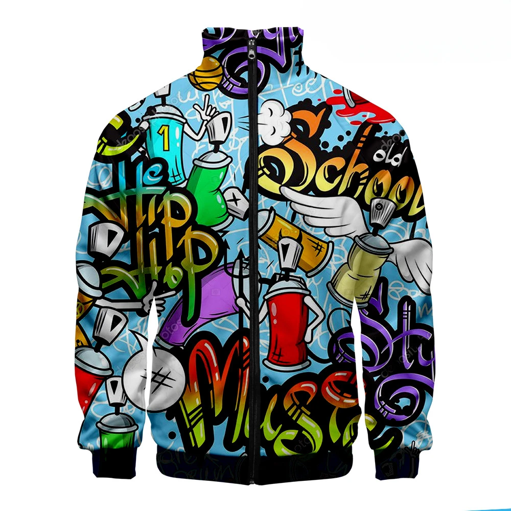 Graffiti 3D Baseball Jacket Men Bomber Jacket Harajuku Hip Hop Hoodie Casual Stand Collar Zipper Sweatshirt Casual Sportswear