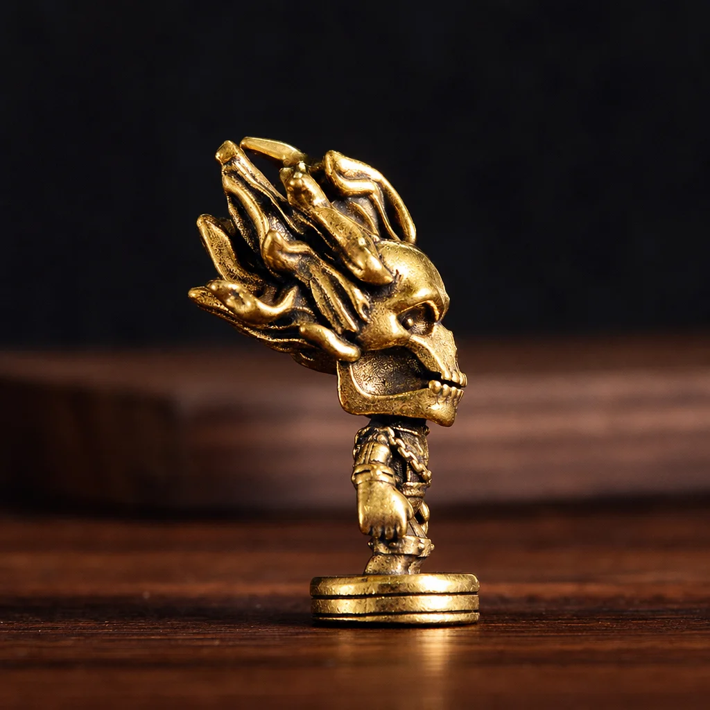 Brass Skull Flame Hair Mini Figurine Vintage Skeleton Statue Desktop Decor Micro Landscape Collectible Craft