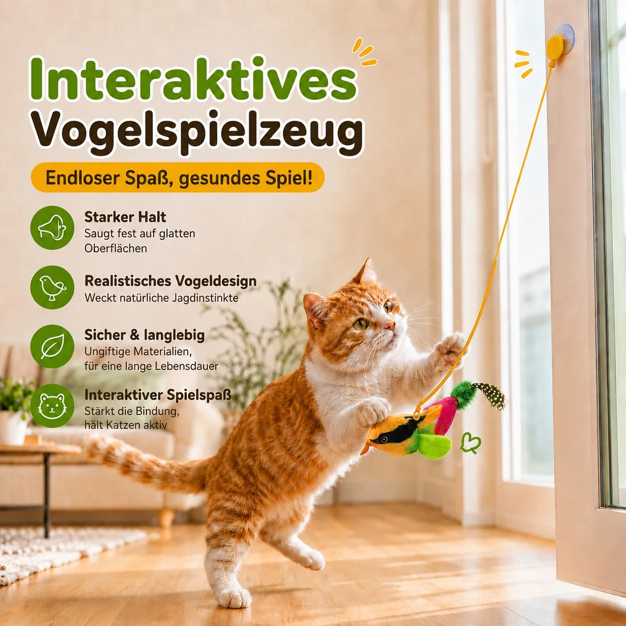 Interaktives hängendes Katzenspielzeug Vogel-Teaser mit elastischem Seil, Sound und Katzenminze, wandmontiertes Indoor-Spielzeug für Katzen und Kätzchen zum Jagen und Spielen – Detail 1