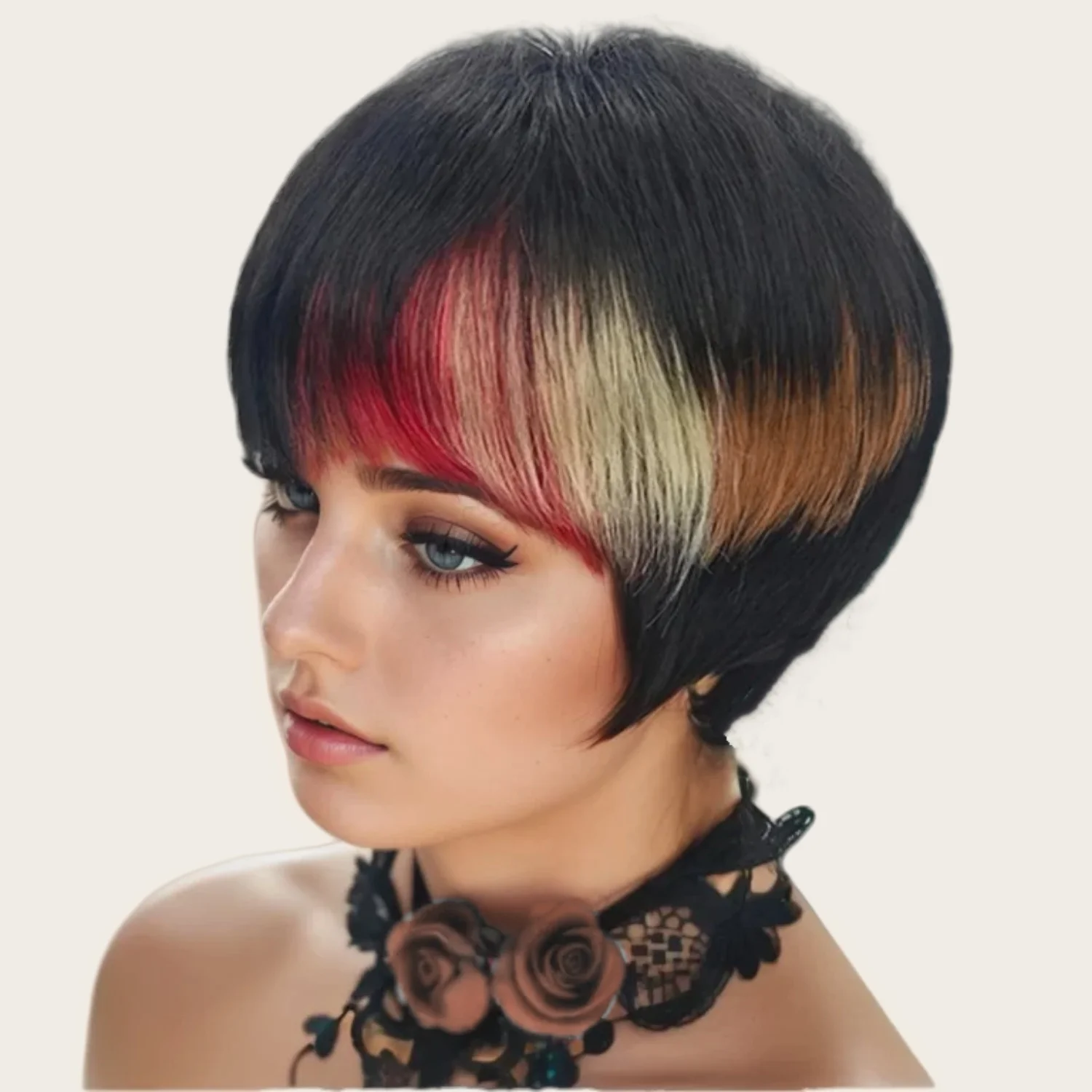 브라질 인모 1b/레드/613 블론드 컬러 픽시컷 일상용 전체 기계 제작 가발