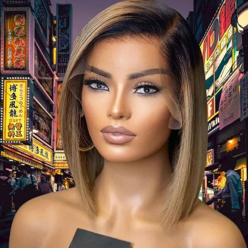 Highlight Brown Wigs Bob Wigs Brazilian 100%  Hair 4x4 Lace Front Wigs New