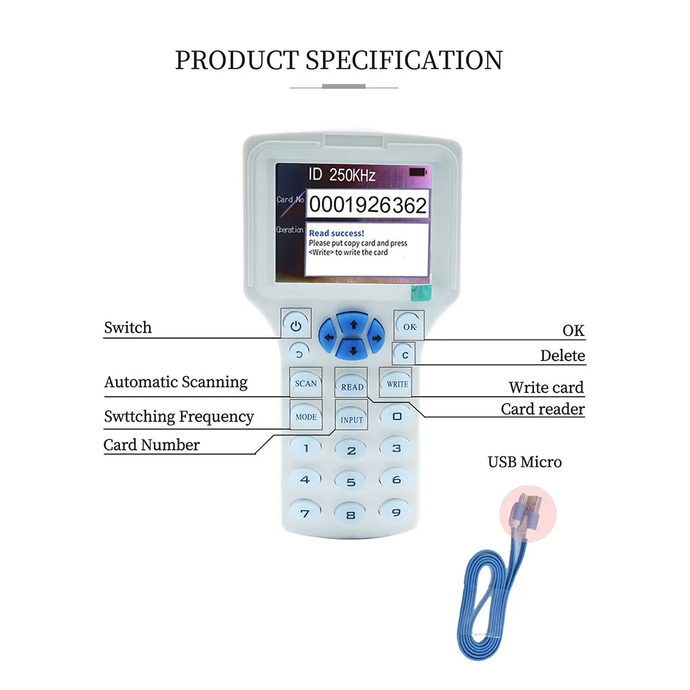 Lettore di schede Rfid portatile a 10 frequenze 125khz T5577 Badge Clone Copia Duplicatore 13.56mhz Clone Cuid Fuid Writer Programmatore