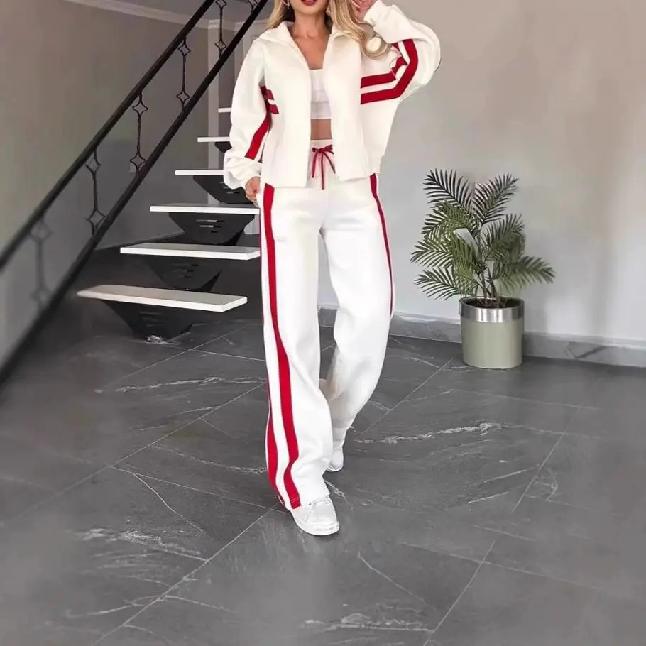 2026 Ladies Matching Sportswear Set Zip Up Short Top Elastic Waist Side Stripe Wide Leg Sweat Pants Daily Jogger Suit