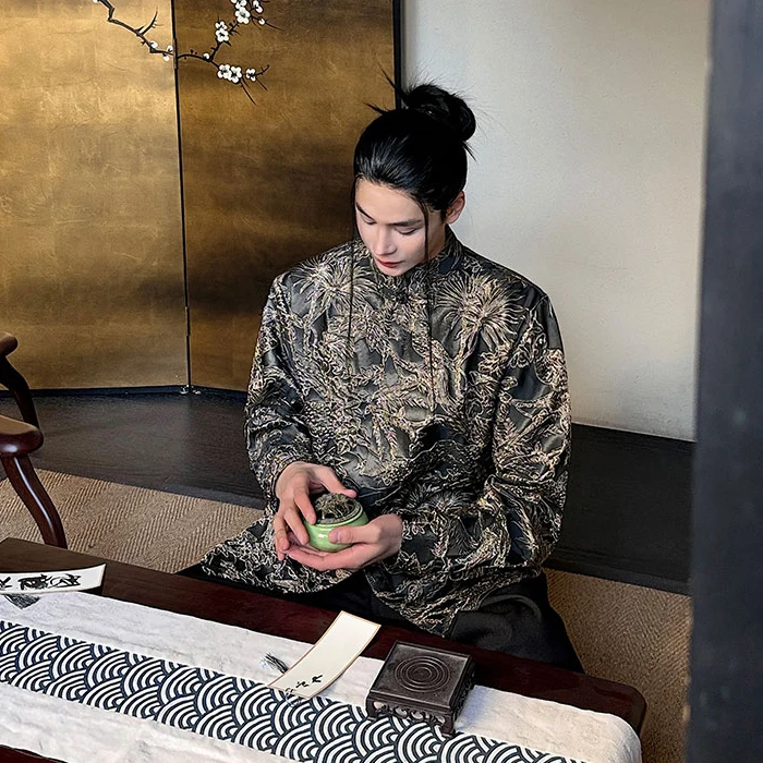 

New Chinese Sle irt Men's Song Dynas Embroidery Bule Hanfu Daily Faion Floral Pattern Loose Fit Long Sve Top