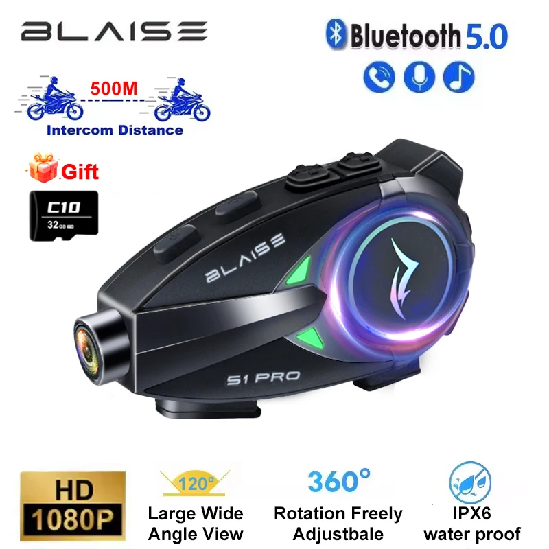 BLAISE S1 PRO Motorcycle Intercom Helmet Dash Cam Bluetooth Headsets Handsfree Communicator Video Record 1080P Interphone