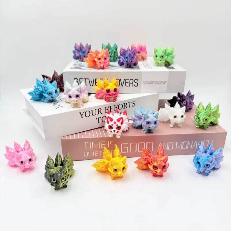 3D Printed Nine-Tailed Fox Model Toys Creativity Fox Simulated Eye Joint Movable Animals Toy Ornament Fun Toy Gifts For Children