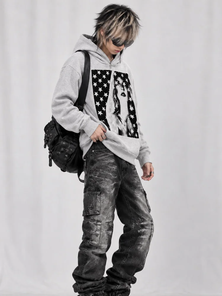 Unisex Gray Star Portrait Graphic Hoodie Loose Fit Pullover Sweatshirt Long Sleeve Y2K Alternative Grunge Streetwear Casual