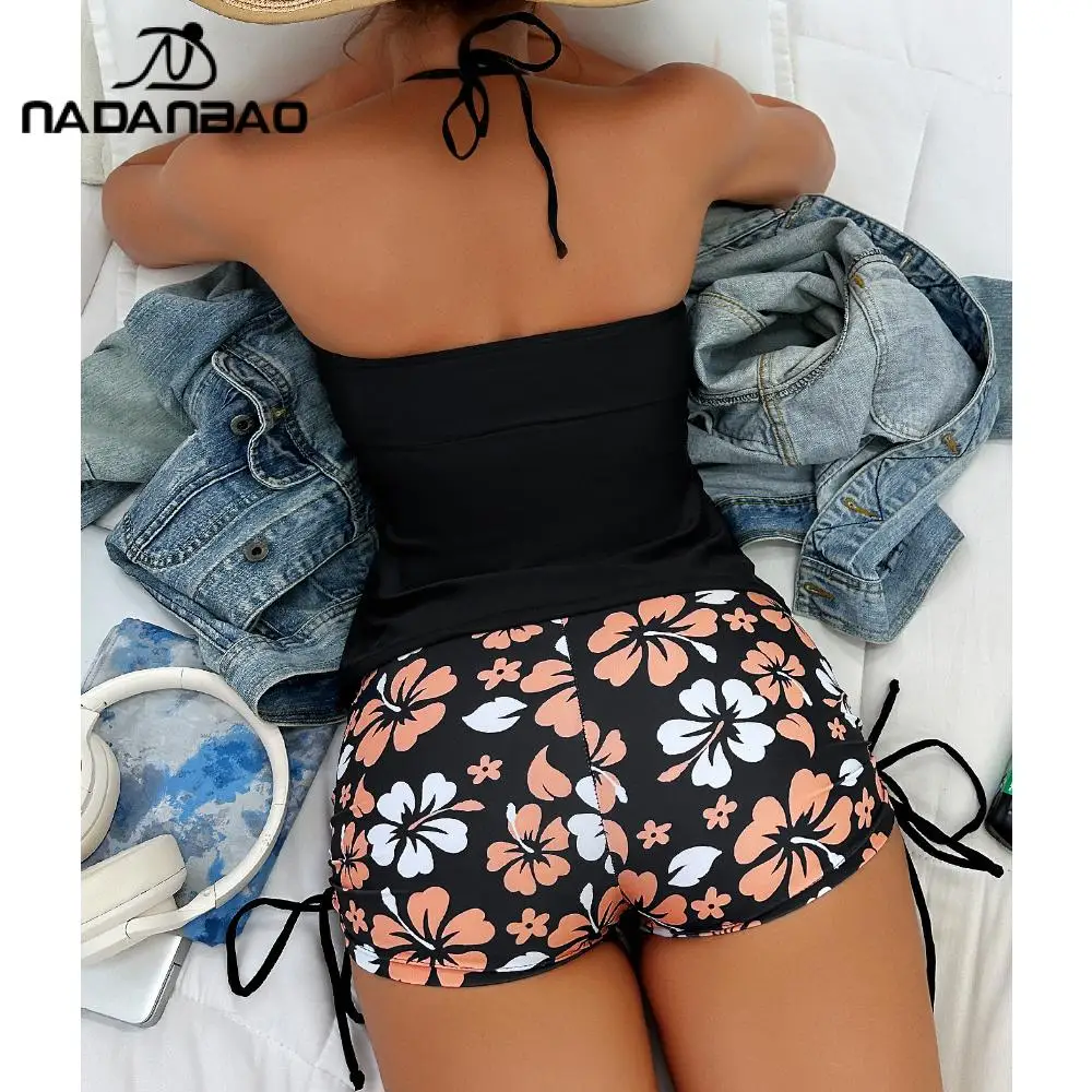 Nadanbao Floral Leopard Print Bikini Set Halter Neck Women's Two-Piece Swimsuit Side Drawstring Bottoms Sports Swimming Suit