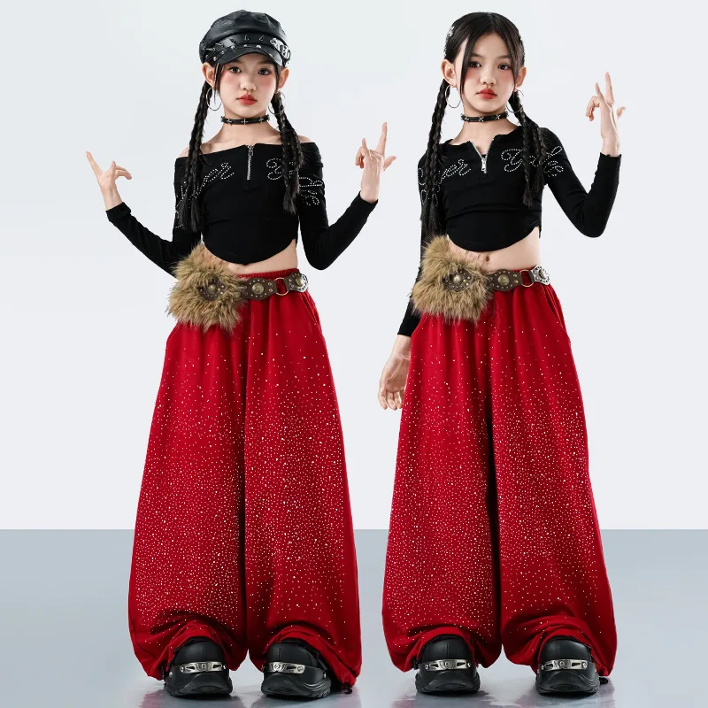 

Новый костюм для джазовых танцев для девочек, сценический наряд в стиле K-pop, черный укороченный топ, красные брюки, модная одежда для хип-хопа и городских танцев VDL5059
