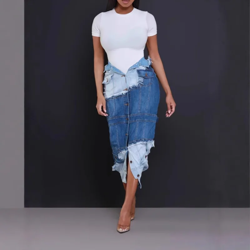 DEAT Women's Fashion Denim Patchwork High Waist Contrast Color Skirts Trendy Single Breasted Skirt 2025 Spring New 33A2405