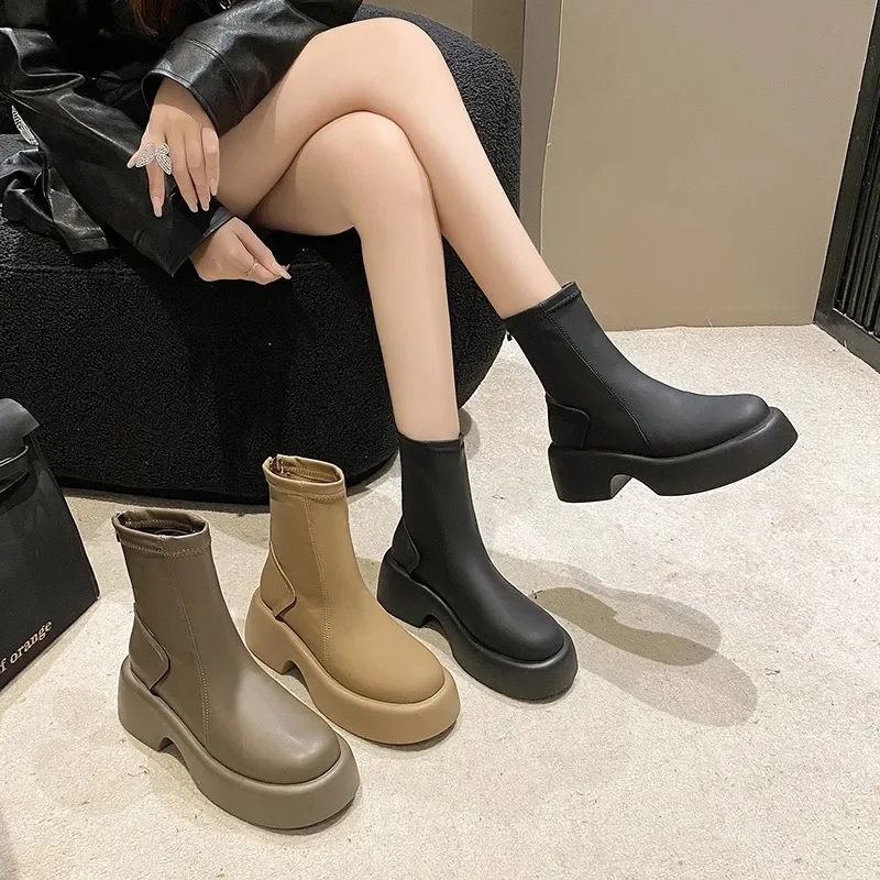 

2023 Autumn Winter New Women Platform Ankle Boots Thick Sole Slip on Sock Boots Woman Elegant Chunky Chelsea Boots Women